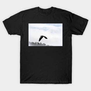 Great Blue Heron Flying Past the Clouds Above Trojan Pond 5 T-Shirt